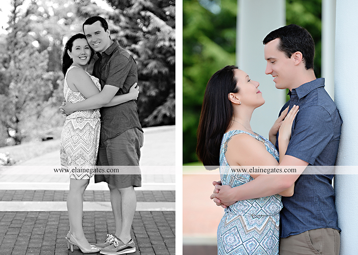 Mechanicsburg Central PA engagement portrait photographer hotel hershey outdoor steps stairs dog grass stone wall pillars hug kiss holding hands fountain water indoor balcony nr 07