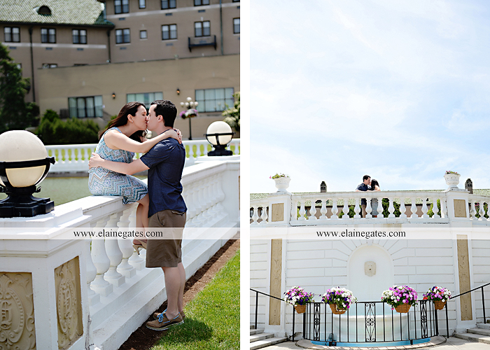Mechanicsburg Central PA engagement portrait photographer hotel hershey outdoor steps stairs dog grass stone wall pillars hug kiss holding hands fountain water indoor balcony nr 12