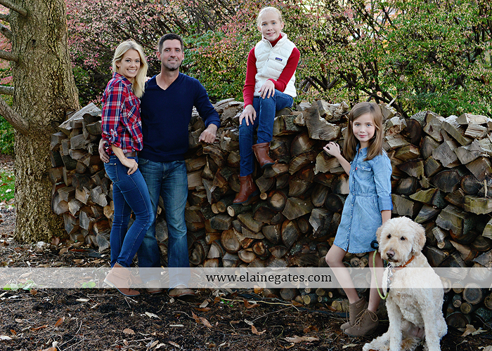 Mechanicsburg Central PA family portrait photographer outdoor girls daughters sisters dog husband wife mother father wood pile leaves trees eg 1