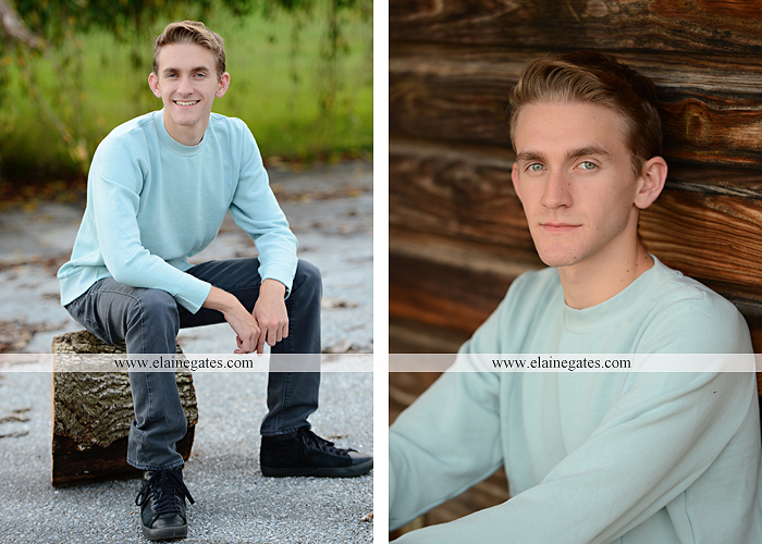 Mechanicsburg Central PA senior portrait photographer outdoor guy male formal trees grass field rustic barn fence pond water bench stump dw 05