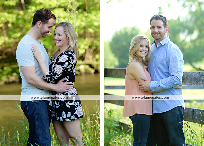 Mechanicsburg Central PA engagement portrait photographer outdoor road field trees water stream creek fence holding hands hug kiss at 5