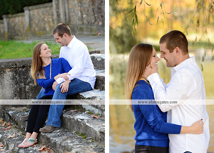 Mechanicsburg Central PA engagement portrait photographer outdoor boiling springs gazebo leaves path trees fence bridge water stream ivy stone steps bricks kiss aj 8