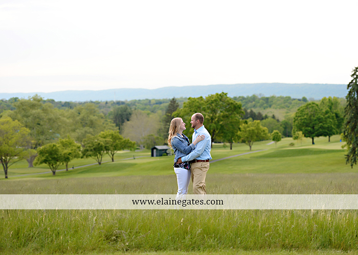 Mechanicsburg Central PA engagement portrait photographer outdoor golf course field grass fence golf cart dog trees flowers kiss holding hands hug bridge kb 01