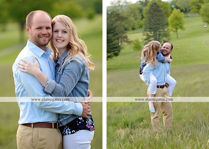 Mechanicsburg Central PA engagement portrait photographer outdoor golf course field grass fence golf cart dog trees flowers kiss holding hands hug bridge kb 02