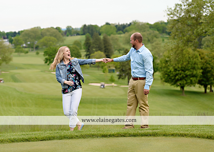 Mechanicsburg Central PA engagement portrait photographer outdoor golf course field grass fence golf cart dog trees flowers kiss holding hands hug bridge kb 04