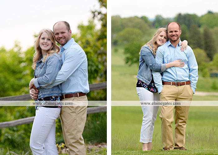 Mechanicsburg Central PA engagement portrait photographer outdoor golf course field grass fence golf cart dog trees flowers kiss holding hands hug bridge kb 05