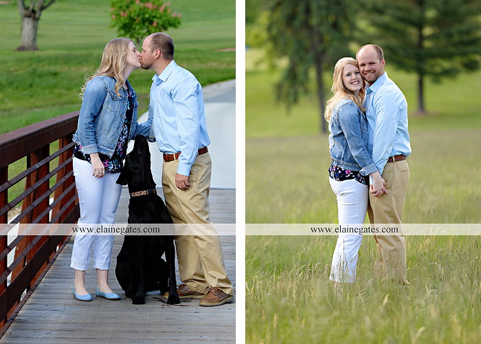 Mechanicsburg Central PA engagement portrait photographer outdoor golf course field grass fence golf cart dog trees flowers kiss holding hands hug bridge kb 13