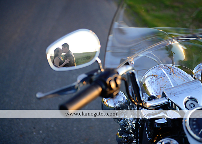 Mechanicsburg Central PA engagement portrait photographer outdoor road fence water steam creek trees sunset motorcycle harley-davidson holding hands kiss cf 12