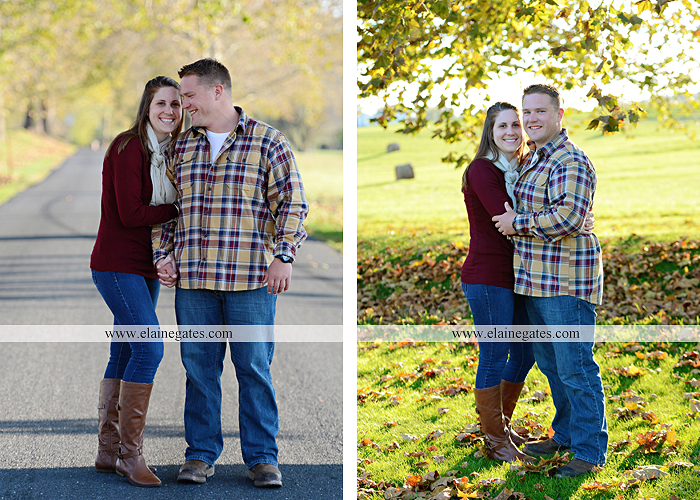 Mechanicsburg Central PA engagement portrait photographer outdoor road trees leaves fence water stream creek ring fishing hook rod hay bale hug kiss kk 02