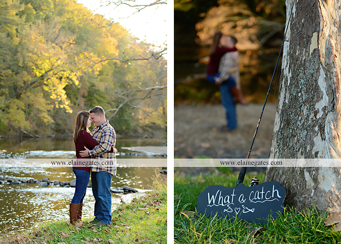 Mechanicsburg Central PA engagement portrait photographer outdoor road trees leaves fence water stream creek ring fishing hook rod hay bale hug kiss kk 05
