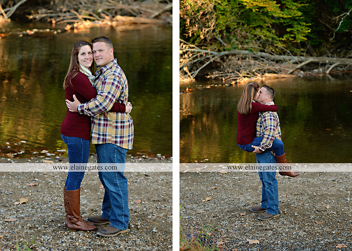 Mechanicsburg Central PA engagement portrait photographer outdoor road trees leaves fence water stream creek ring fishing hook rod hay bale hug kiss kk 06