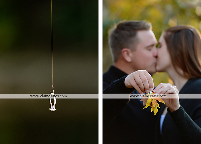 Mechanicsburg Central PA engagement portrait photographer outdoor road trees leaves fence water stream creek ring fishing hook rod hay bale hug kiss kk 07