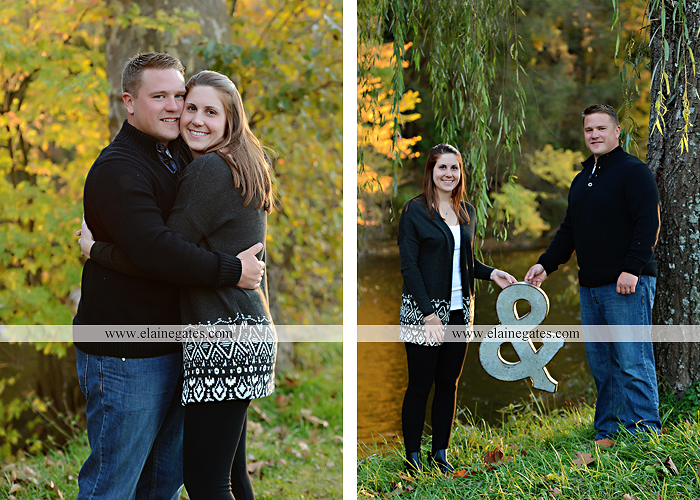 Mechanicsburg Central PA engagement portrait photographer outdoor road trees leaves fence water stream creek ring fishing hook rod hay bale hug kiss kk 08