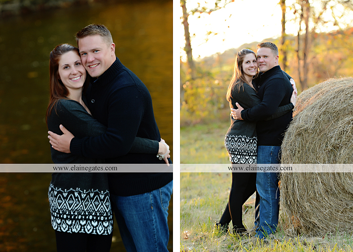 Mechanicsburg Central PA engagement portrait photographer outdoor road trees leaves fence water stream creek ring fishing hook rod hay bale hug kiss kk 10