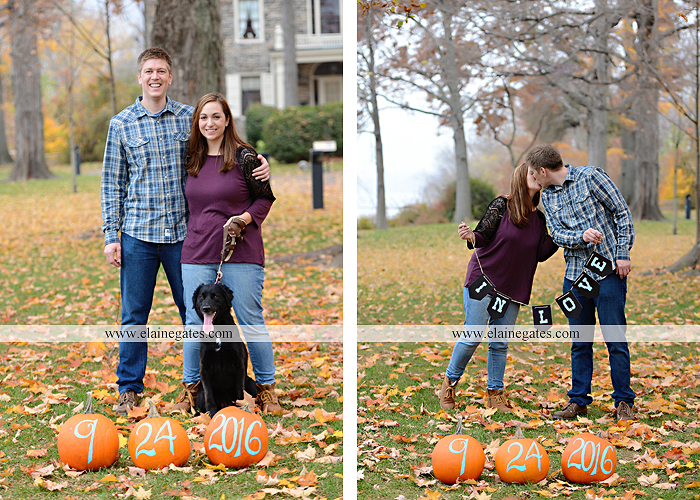 Mechanicsburg Central PA engagement portrait photographer outdoor water river trees leaves rocks dog path pumpkins covered bridge steps stone barn kiss kg 07
