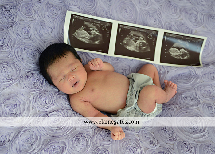 Mechanicsburg Central PA newborn baby portrait photographer girl sleeping indoor blanket bow knit hat mother father dog sonogram q 08