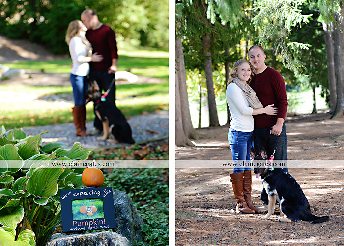 Mechanicsburg Central PA portrait photographer maternity outdoor leaves water stream creek dog pumpkin covered bridge path woods trees kiss expecting mc 5