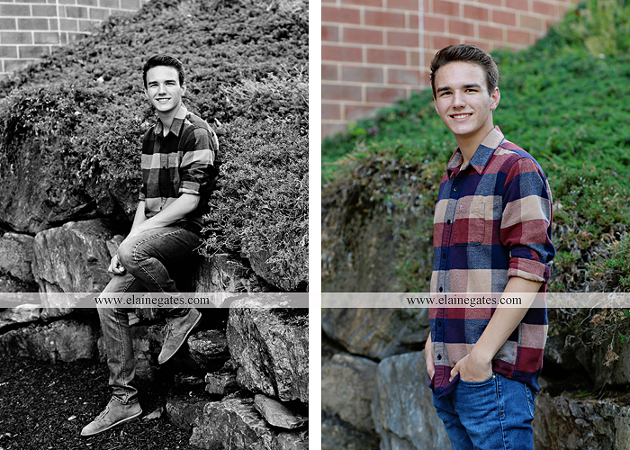 Mechanicsburg Central PA senior portrait photographer outdoor boy guy path rocks covered bridge messiah college wooden beams water stream creek grass brick steps field chair hello jm 07
