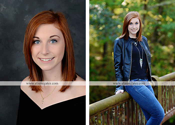 Mechanicsburg Central PA senior portrait photographer outdoor girl female formal rustic bridge stone brick wall road trees covered bridge messiah college wooden beams water stream creek leaves zm 01