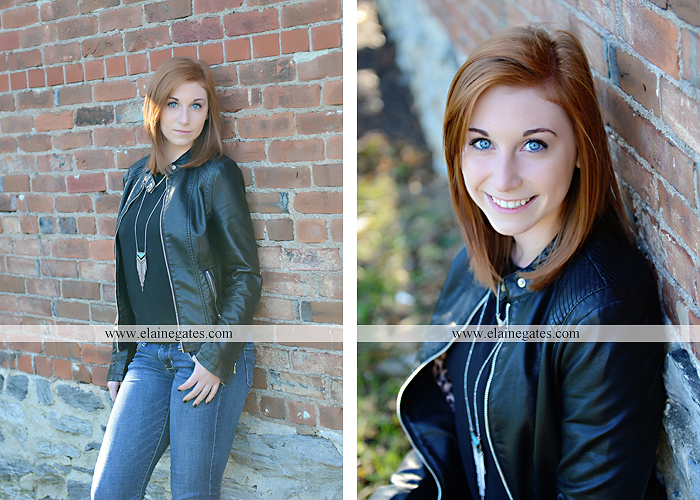 Mechanicsburg Central PA senior portrait photographer outdoor girl female formal rustic bridge stone brick wall road trees covered bridge messiah college wooden beams water stream creek leaves zm 02