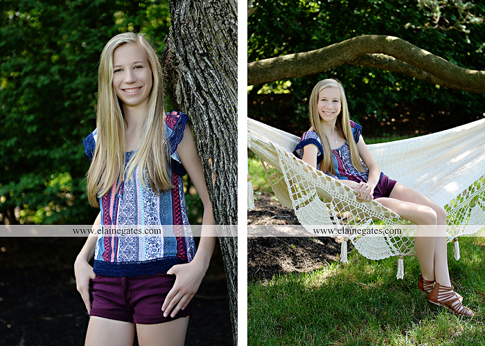 Mechanicsburg Central PA senior portrait photographer outdoor girl formal swing hammock iron bench grass field chair bow road tree water stream creek fence hw 2